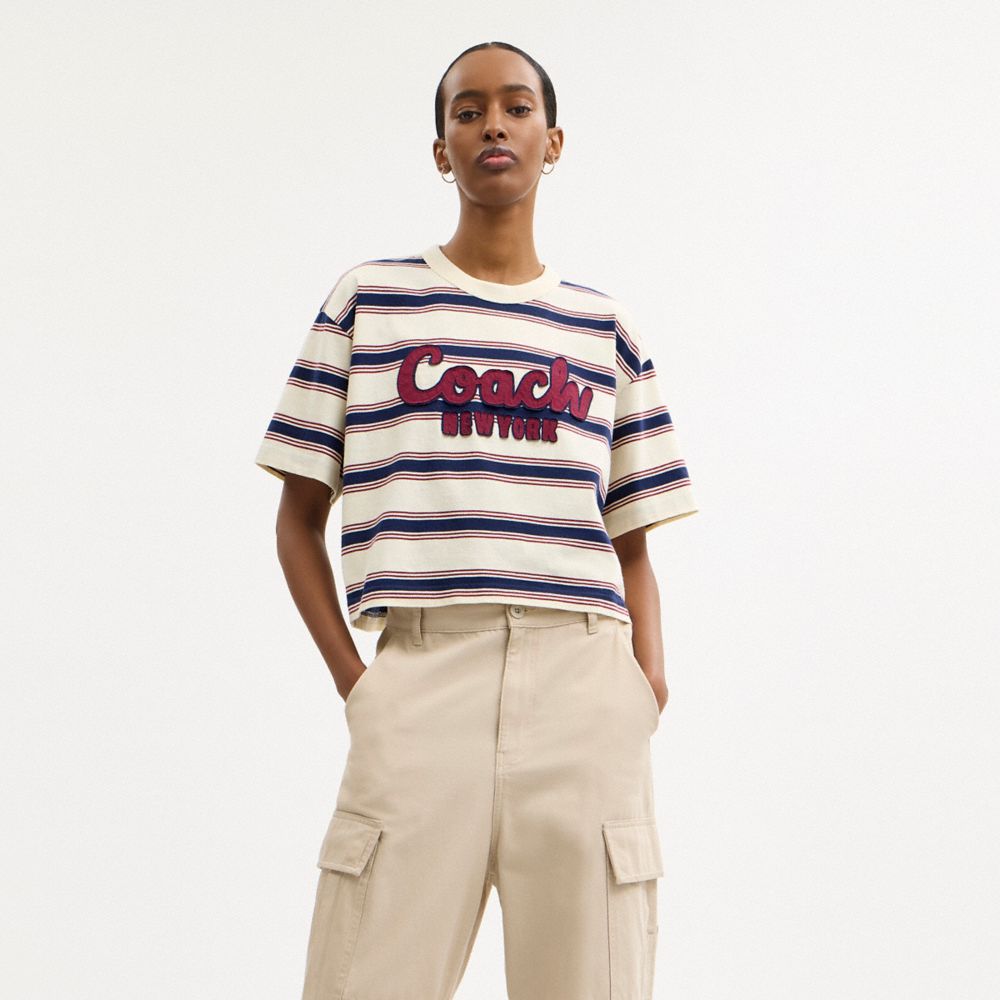 Shop Coach Cursive  Striped Cropped T Shirt