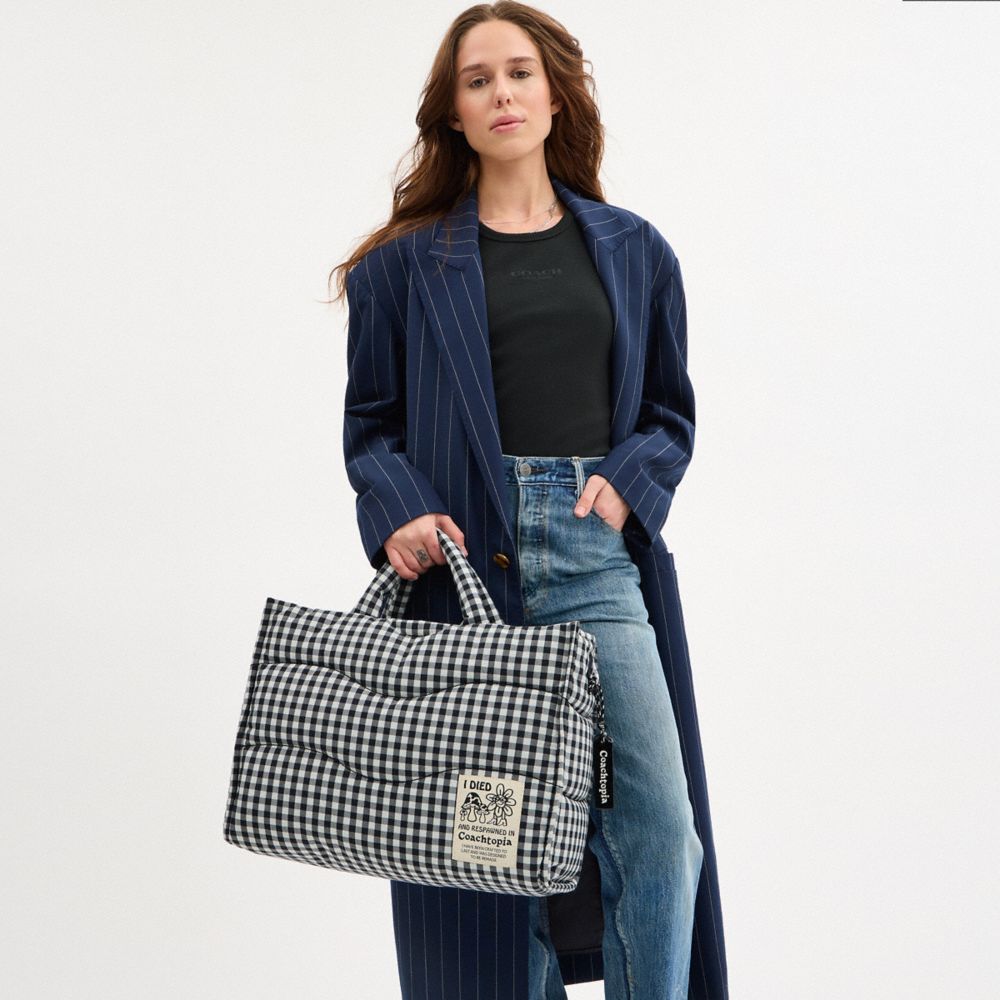 Coach Topia Loop Tote In Recycled Polyester With Gingham Pattern In Black/white Gingham