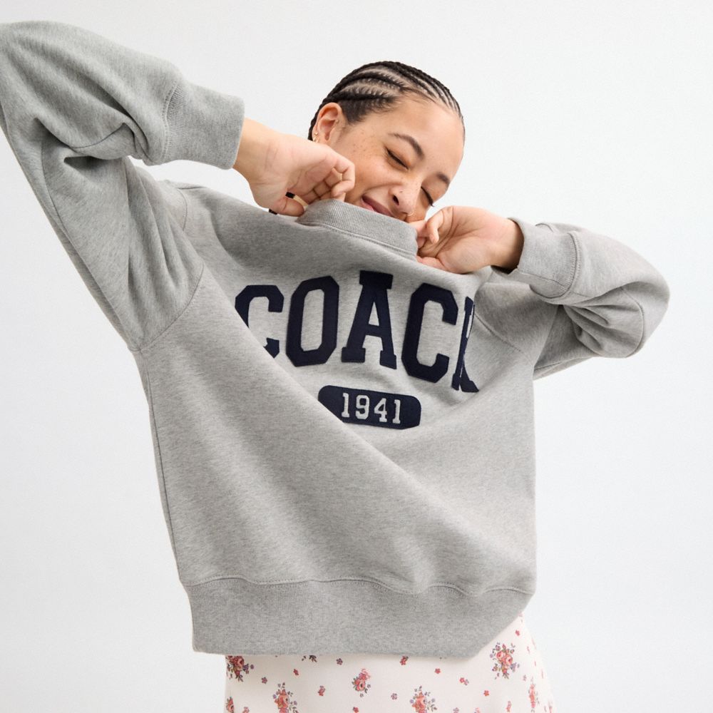 COACH®,Sporty Signature Boyfriend Crewneck Sweatshirt,Gray,Detail View