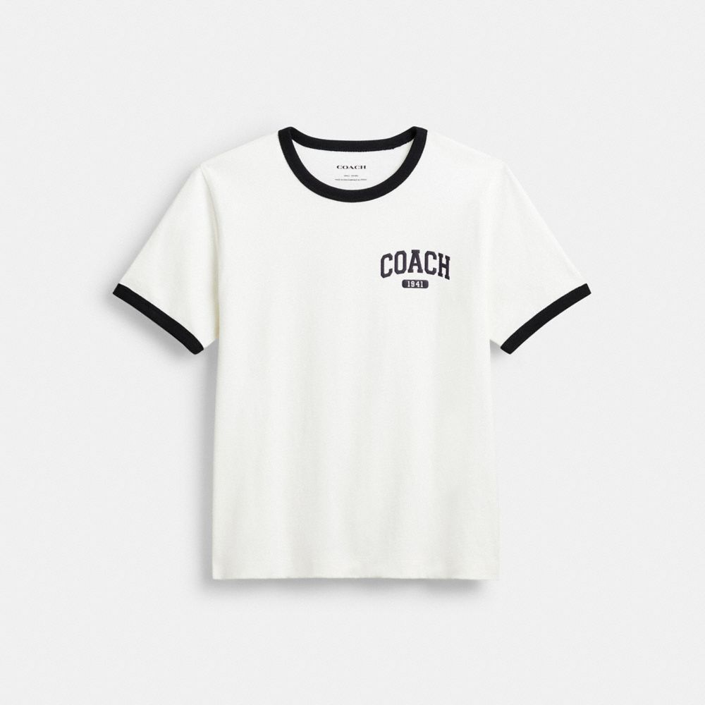 COACH®,Sporty Signature Classic 70 S T Shirt In Organic Cotton,Organic Cotton,T Shirt,Logo,Word Embellishment,Piping,Eco-F...,White,Front View image number 0