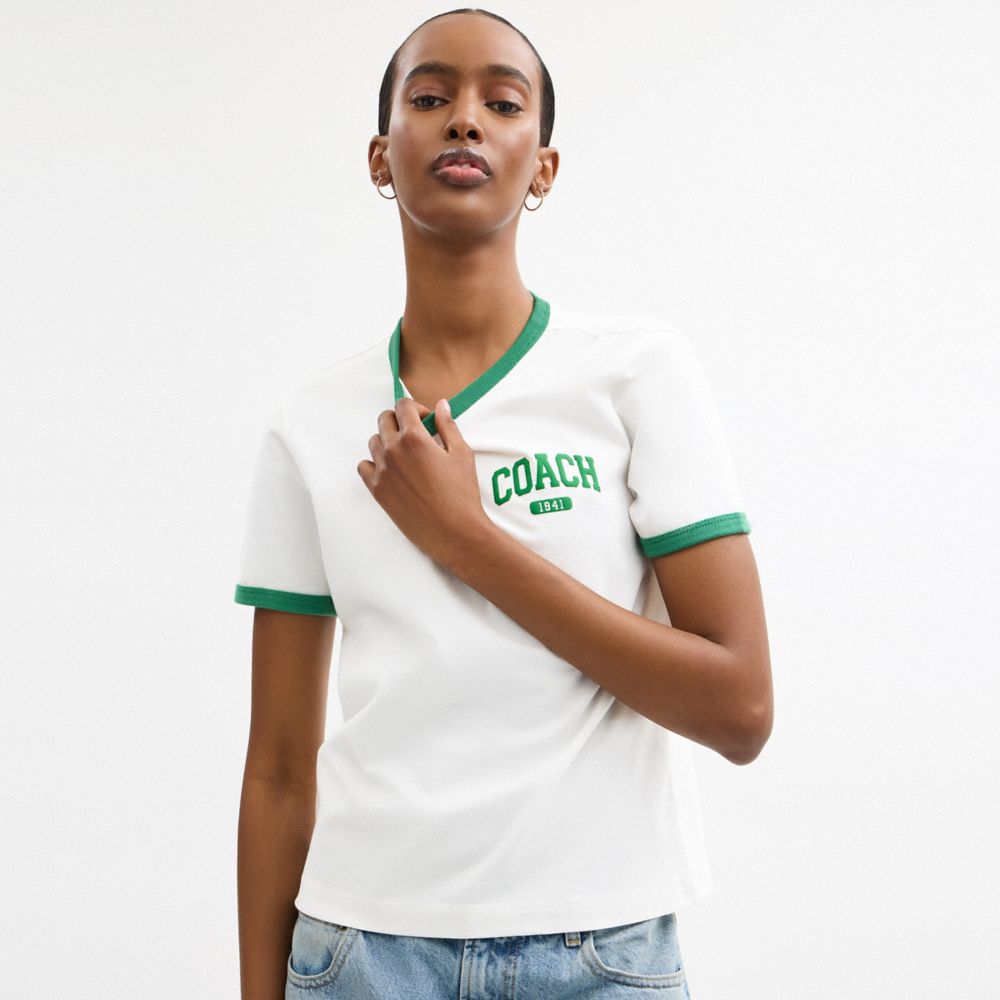 COACH®,Sporty Signature Classic 70 S T Shirt In Organic Cotton,Organic Cotton,T Shirt,Logo,Word Embellishment,Piping,Eco-F...,,Detail View
