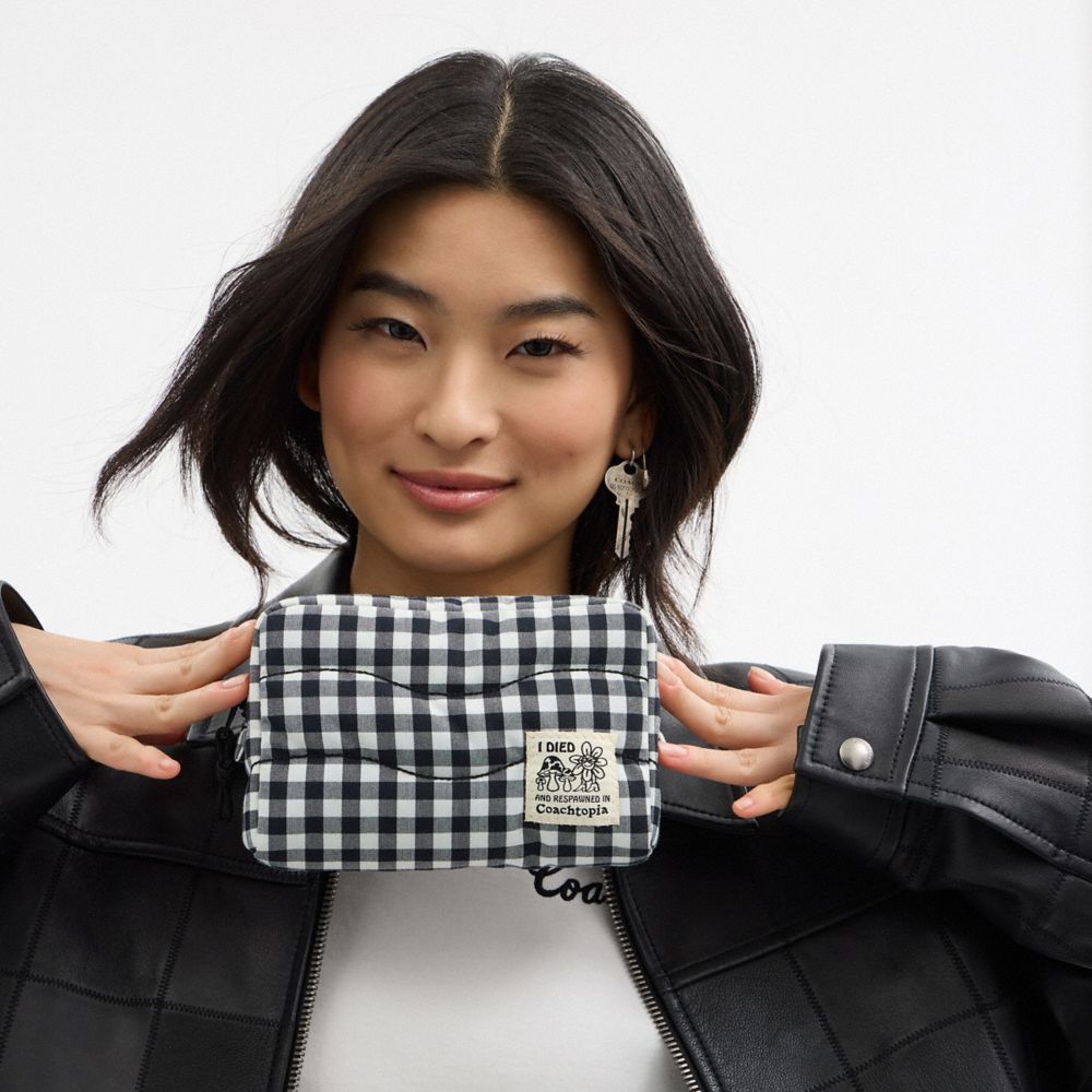 Coach Topia Loop Pouch In Recycled Polyester With Gingham Pattern In Black/white Gingham