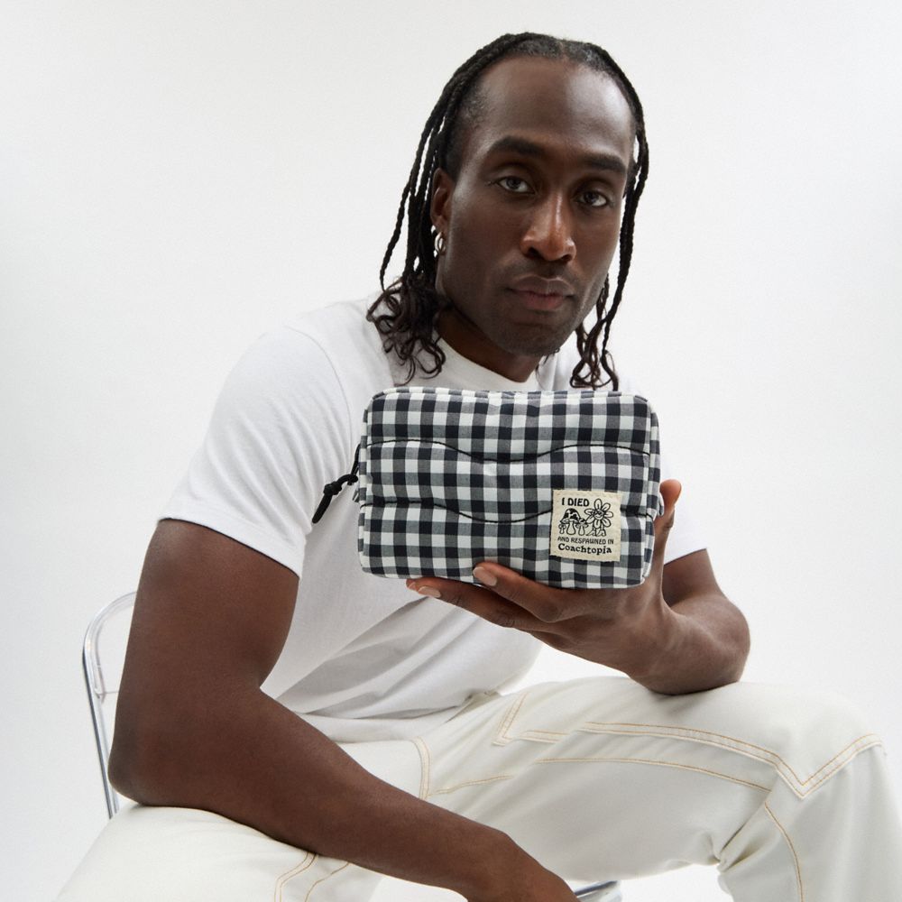 Coach Topia Loop Pouch In Recycled Polyester With Gingham Pattern In Black/white Gingham