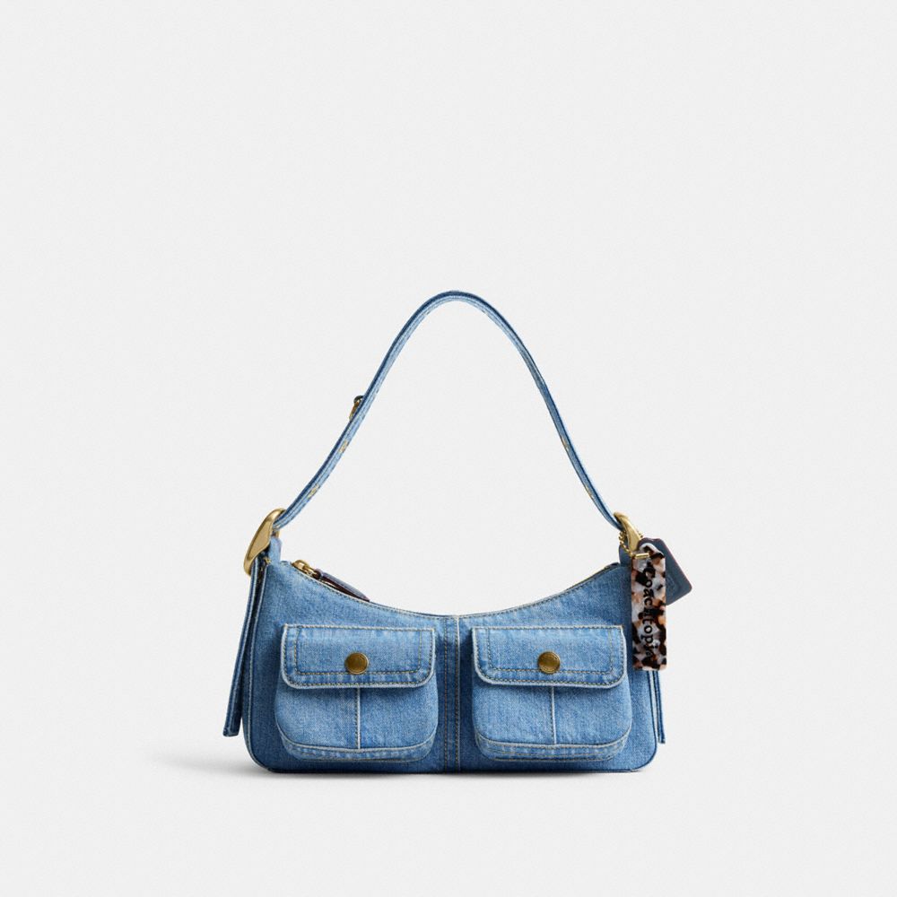 COACH®,Cargo Shoulder Bag In Upcrafted Denim,Blue,Front View