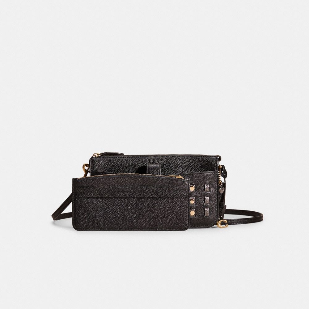 COACH®,Upcrafted Noa Pop Up Messenger,Leather,Pouch,Crossbody,Logo,Metal,Studded,Set,Sustainable,Brass,Casual,Black,Angle View