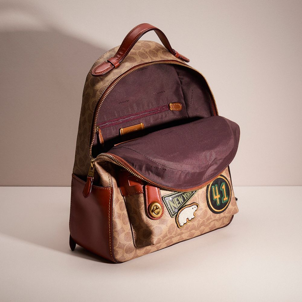 COACH®,Upcrafted Campus Backpack In Signature Canvas,Backpack,Applique,Metal,Color Block,Set,Casual,Brown,Inside View,Top View
