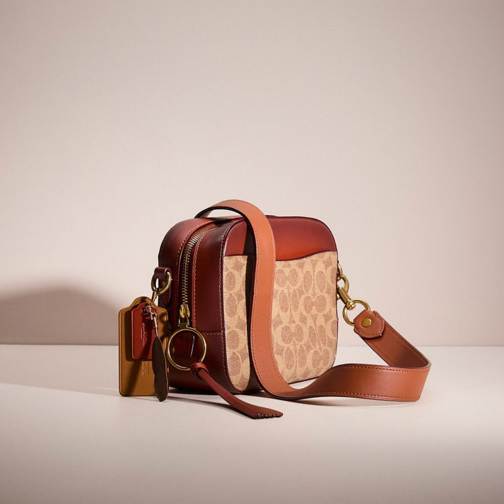 COACH®,Upcrafted Camera Bag In Signature Canvas,Camera Bag,Applique,Logo,Metal,Patchwork,Color Block,Pen Holder,Set,Casual,Brown,Angle View