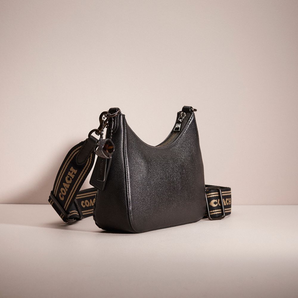 COACH®,Upcrafted Hobo Crossbody Bag With Signature Canvas,Crossbody,Plastic,Applique,Logo,Whipstitch,Metal,Rhinestones,Set...,Black,Angle View