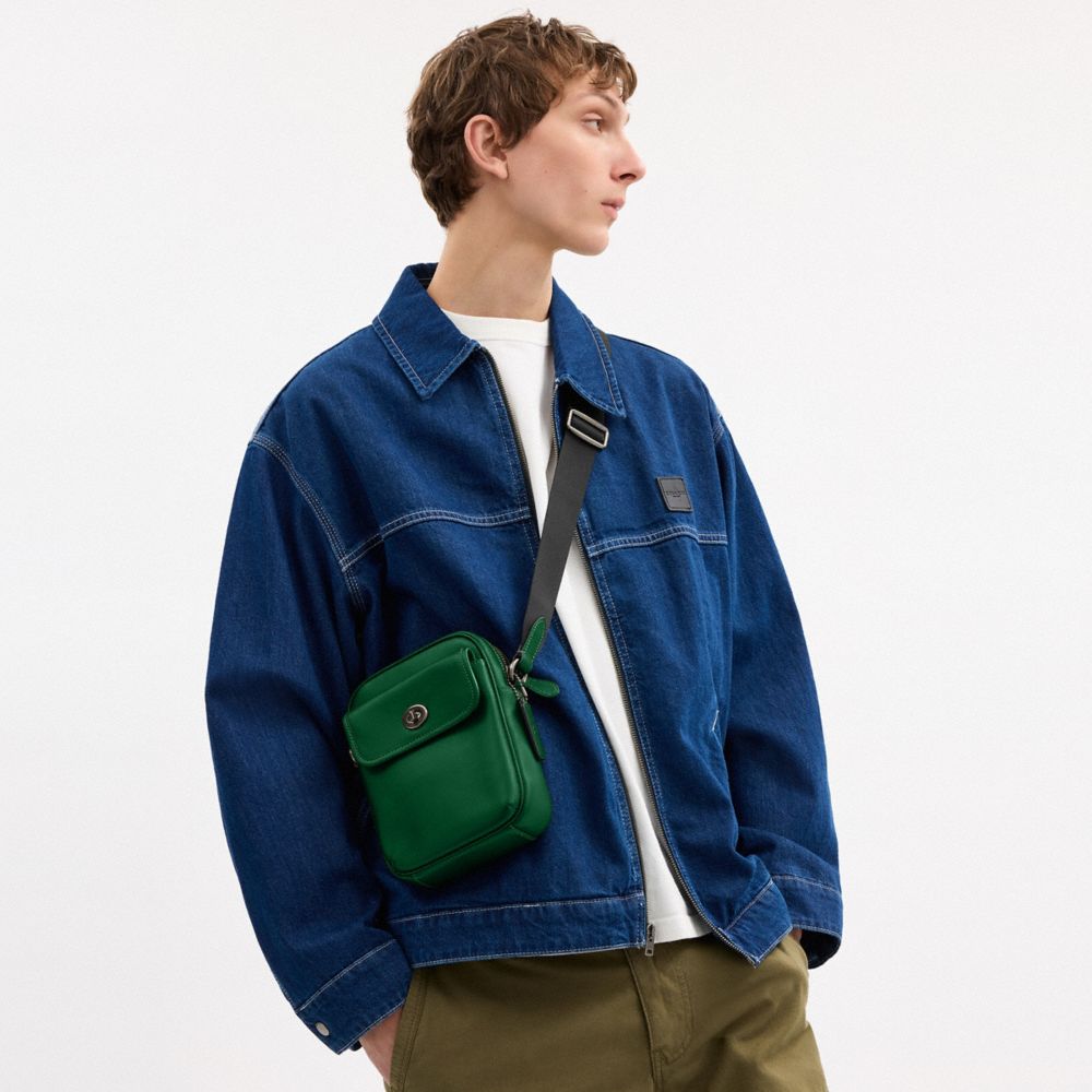 COACH®,Turnlock Crossbody Bag,Calfskin Leather,Crossbody,Engraved Detail,Logo,Adjustable,Gunmetal,Casual,Emerald,Detail View