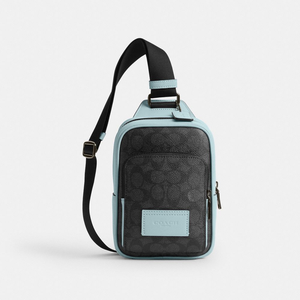 COACH®,レーサー スリング パック・カラーブロック シグネチャー キャンバス,斜め掛け&ボディバッグ,ﾁｬｺｰﾙ/ﾗｲﾄ ﾌﾞﾙｰ