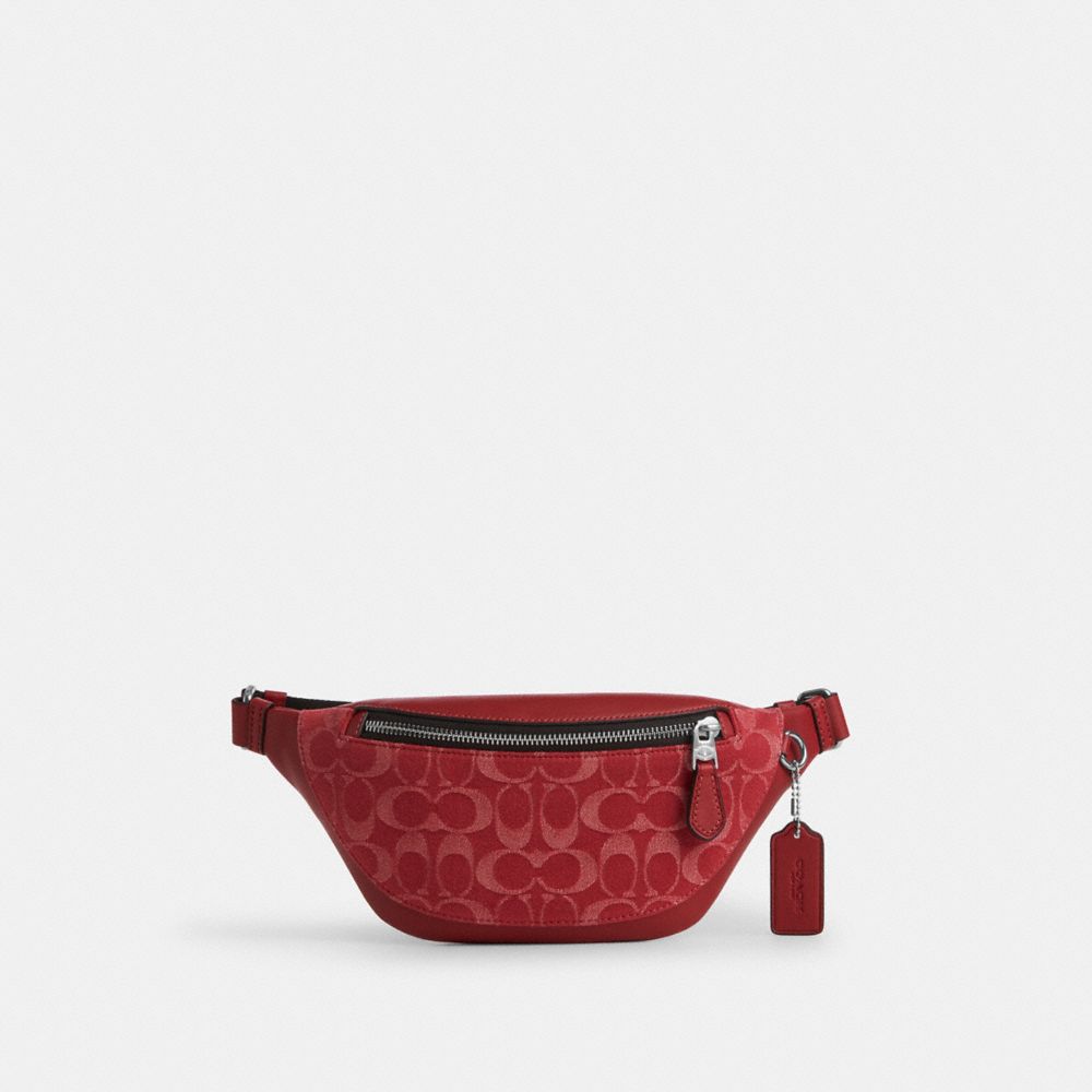 COACH®,Warren Mini Belt Bag In Signature Denim,Calfskin Leather,Denim,Cotton,Belt Bag,Adjustable,Casual,Red,Front View