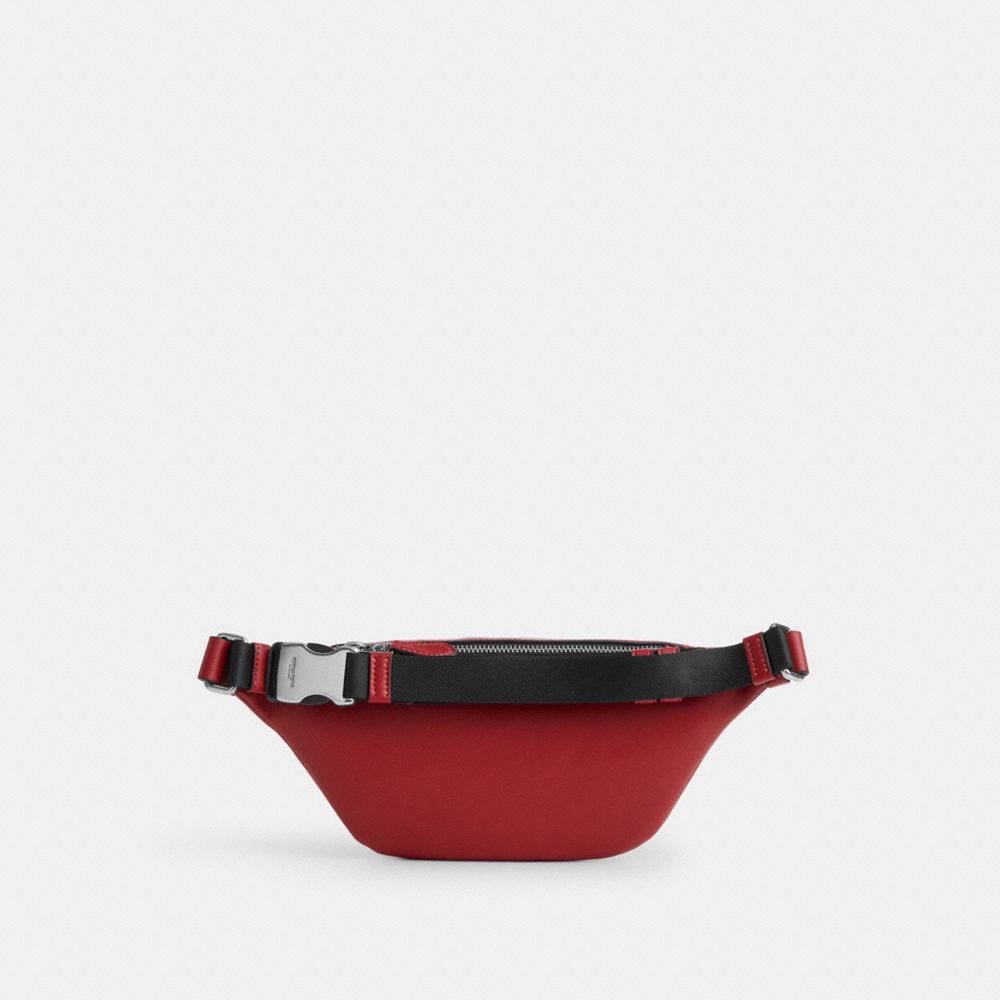 COACH®,Warren Mini Belt Bag In Signature Denim,Calfskin Leather,Denim,Cotton,Belt Bag,Adjustable,Casual,Red,Back View