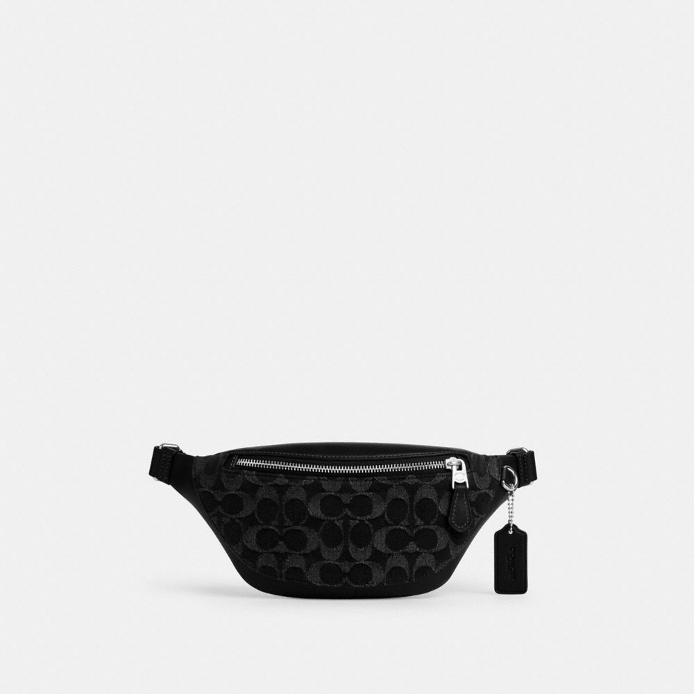 COACH®,Warren Mini Belt Bag In Signature Denim,Black,Front View