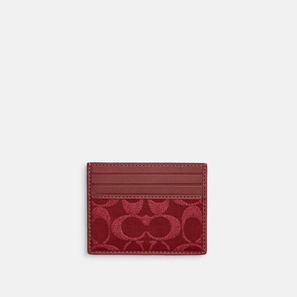 COACH®,PORTE-CARTES SLIM ID EN DENIM EXCLUSIF,Denim,Rouge Rubis,Front View