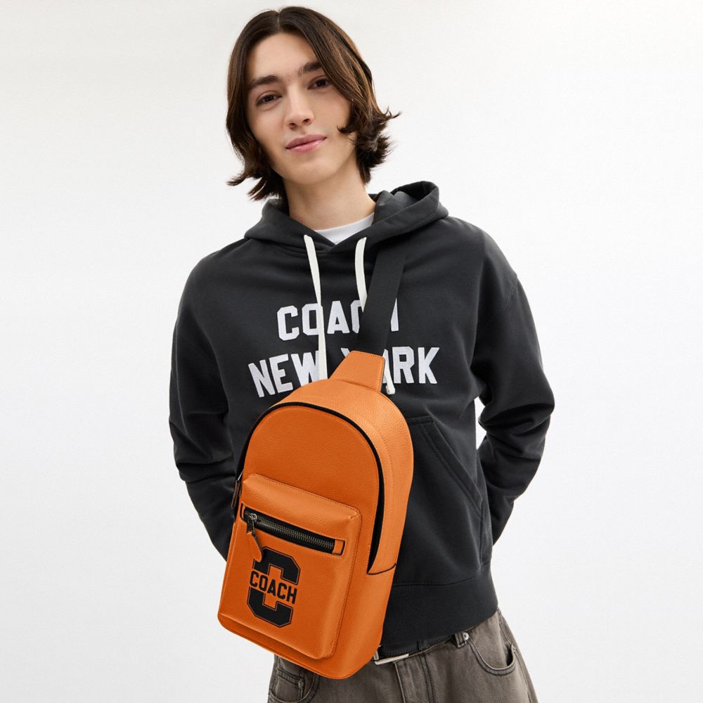 COACH®,West Pack With Varsity Motif,Calfskin Leather,Slingback,Adjustable,Casual,Brown,Detail View