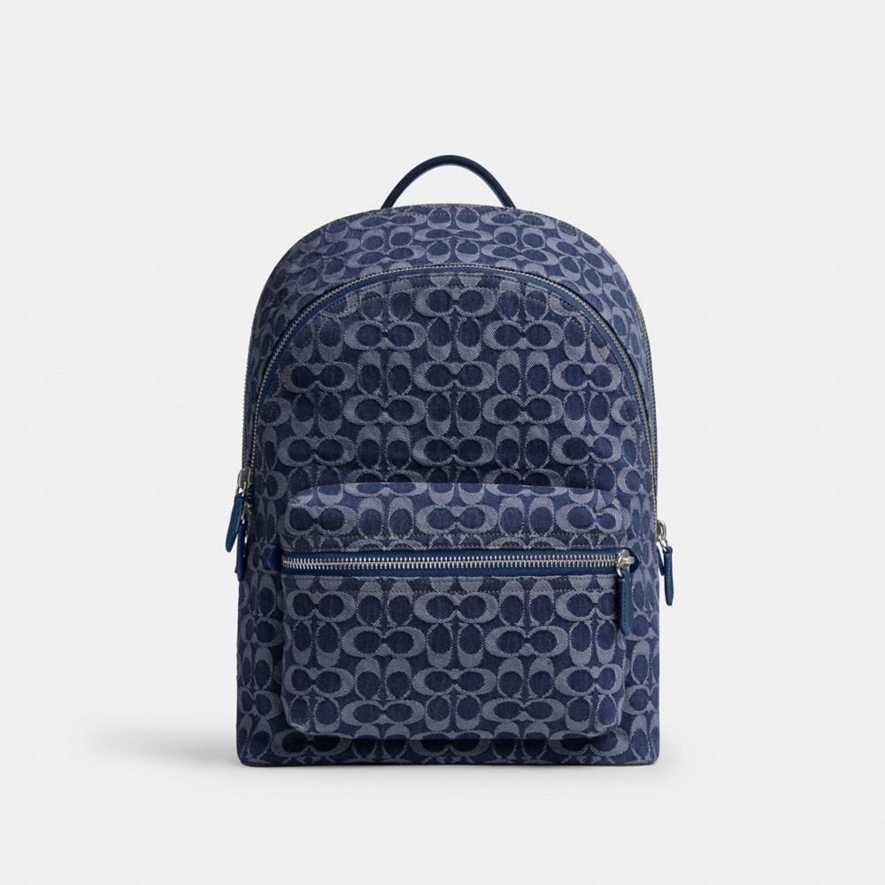 COACH®,Charter Backpack In Signature Denim,Navy,Front View