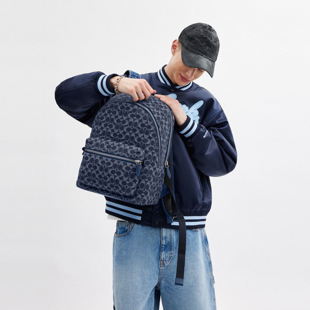 COACH®,Charter Backpack In Signature Denim,Navy,Detail View