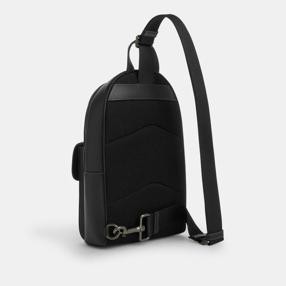 COACH®,Turnlock Sling Pack,Calfskin Leather,Slingback,Adjustable,Gunmetal,Casual,Black,Angle View