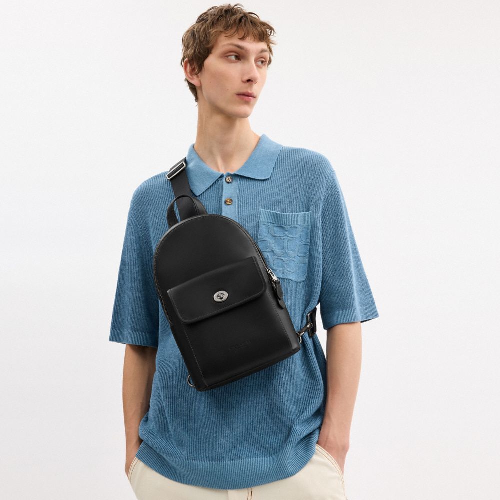 COACH®,Turnlock Sling Pack,Calfskin Leather,Slingback,Adjustable,Gunmetal,Casual,Black,Detail View