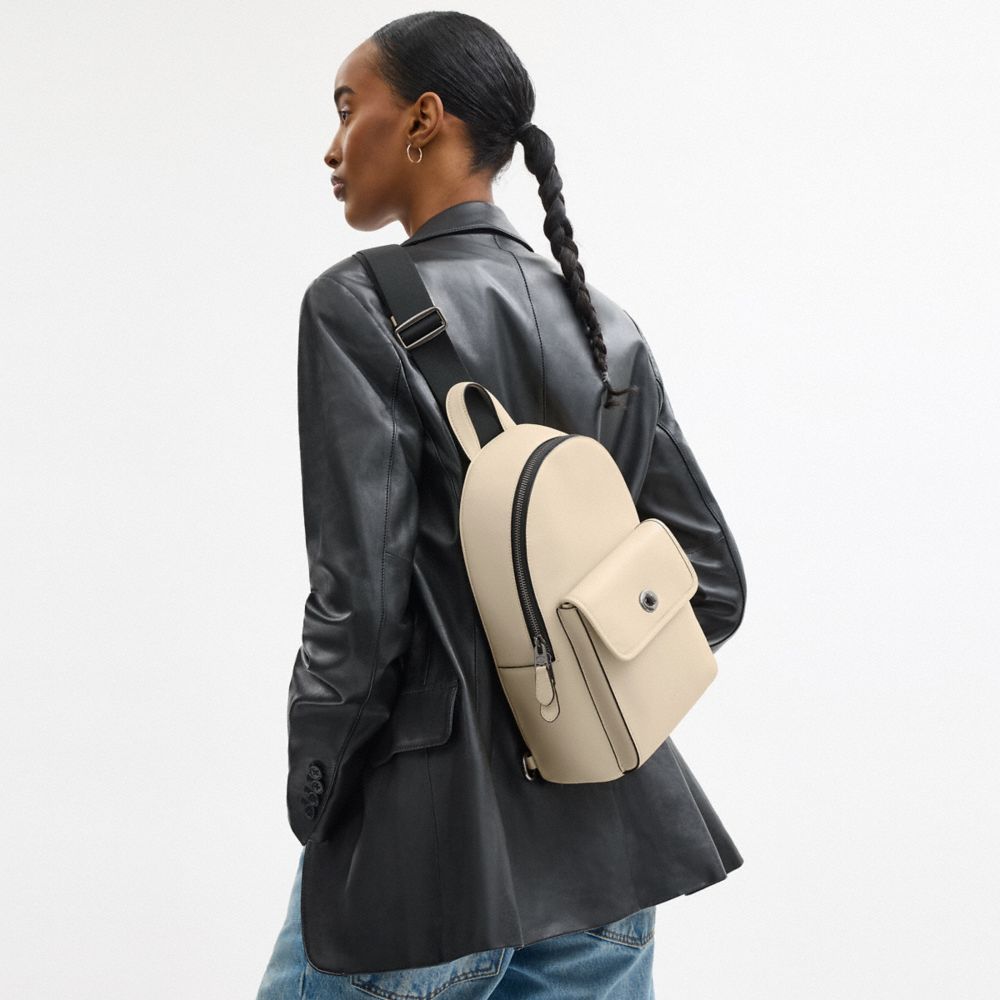 COACH®,Turnlock Sling Pack,Calfskin Leather,Slingback,Adjustable,Gunmetal,Casual,Beige,Angle View