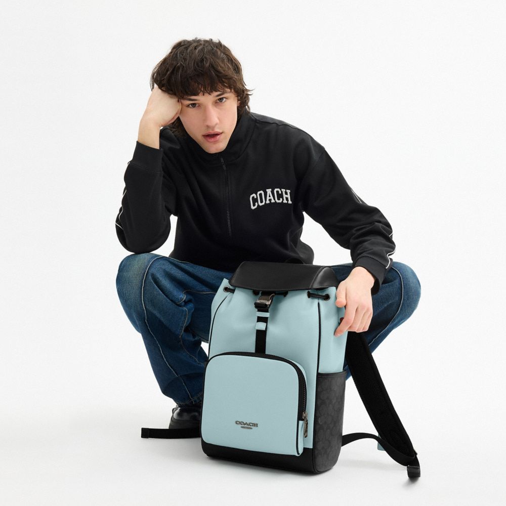 COACH®,Racer Backpack In Colorblock Signature Canvas,Calfskin Leather,Canvas,Backpack,Metal,Pattern,Color Block,Lined,Adju...,Blue