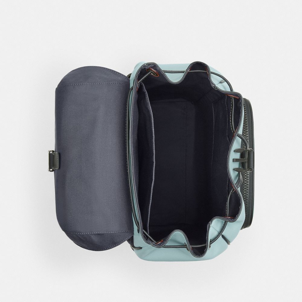 COACH®,Racer Backpack In Colorblock Signature Canvas,Calfskin Leather,Canvas,Backpack,Metal,Pattern,Color Block,Lined,Adju...,Blue,Inside View,Top View