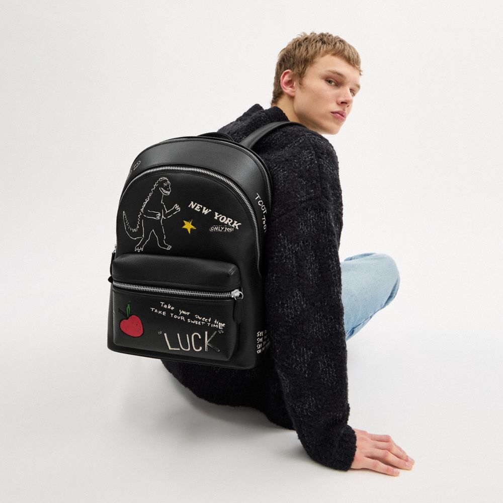 COACH®,Charter Backpack With Sketch Print,Black,Detail View