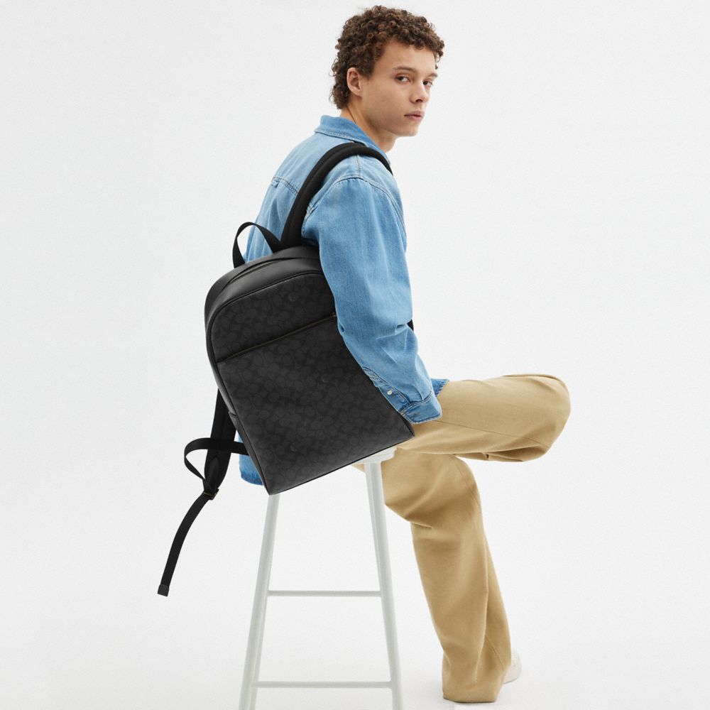 COACH®,Owen Backpack In Signature Canvas,Calfskin Leather,Canvas,Backpack,Adjustable,Casual,Black,Detail View