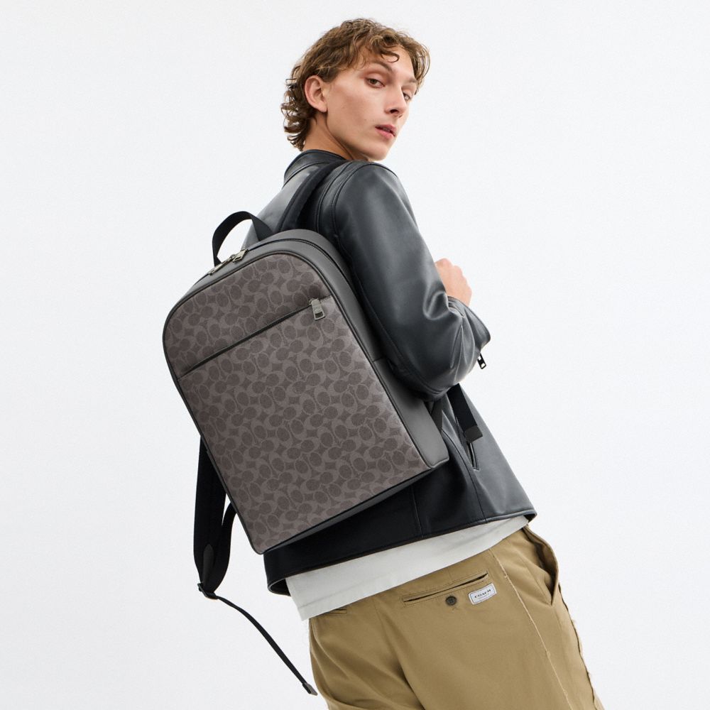 COACH®,Owen Backpack In Signature Canvas,Calfskin Leather,Canvas,Backpack,Adjustable,Casual,Multi Color,Detail View