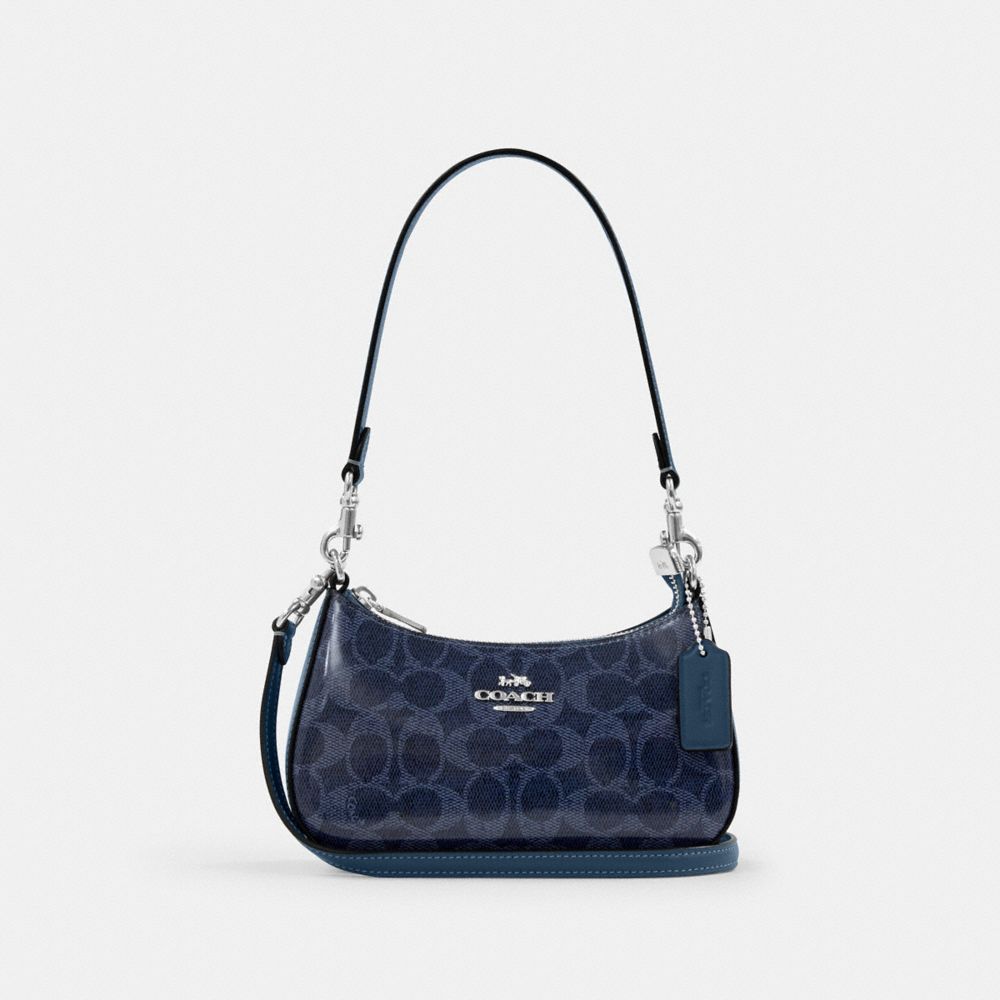 COACH®,MINI SAC BANDOULIÈRE TERI EN TOILE EXCLUSIVE,Argent/Denim sombre,Front View