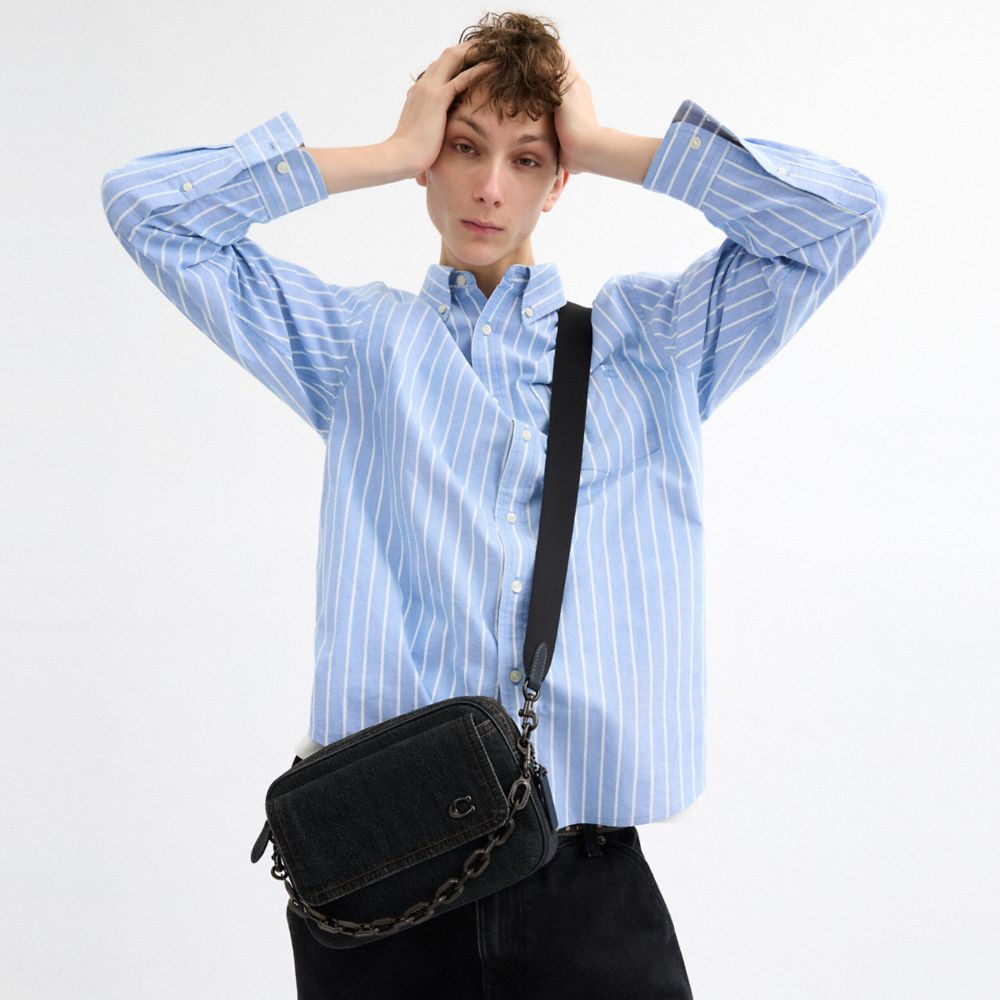 COACH®,Charter Flap Crossbody Bag 24,Denim,Leather,Crossbody,Metal,Logo,Mixed Metal,Casual,Black,Detail View