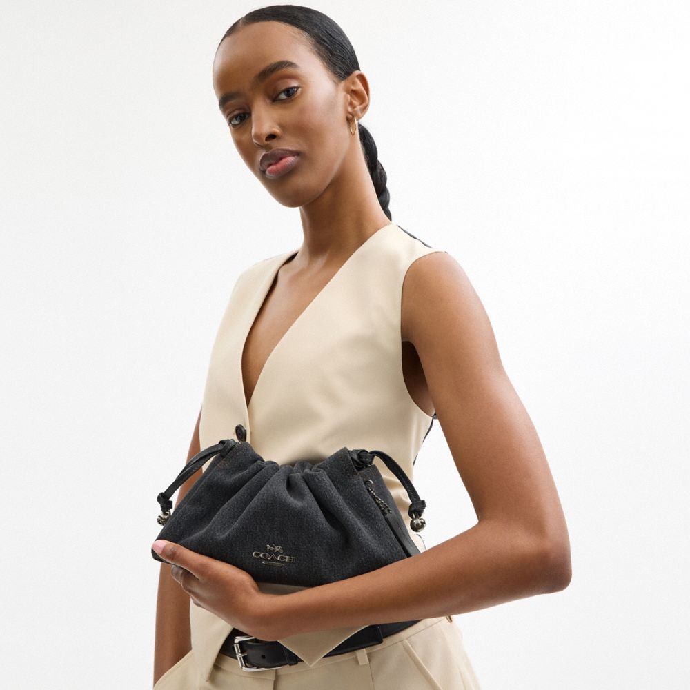 COACH®,Faye Shoulder Bag,Denim,Cotton,Shoulder Bag,Engraved Detail,Metal,Ruched,Logo,Casual,,Detail View