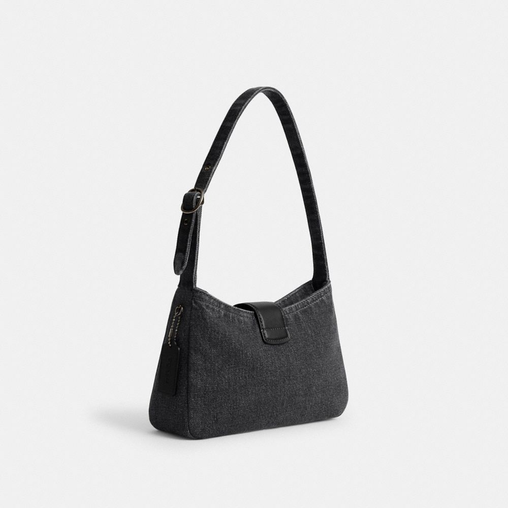 COACH®,Eliza Shoulder Bag In Signature Denim,Cotton,Shoulder Bag,Metal,Engraved Detail,Color Block,Logo,Casual,Black,Angle View