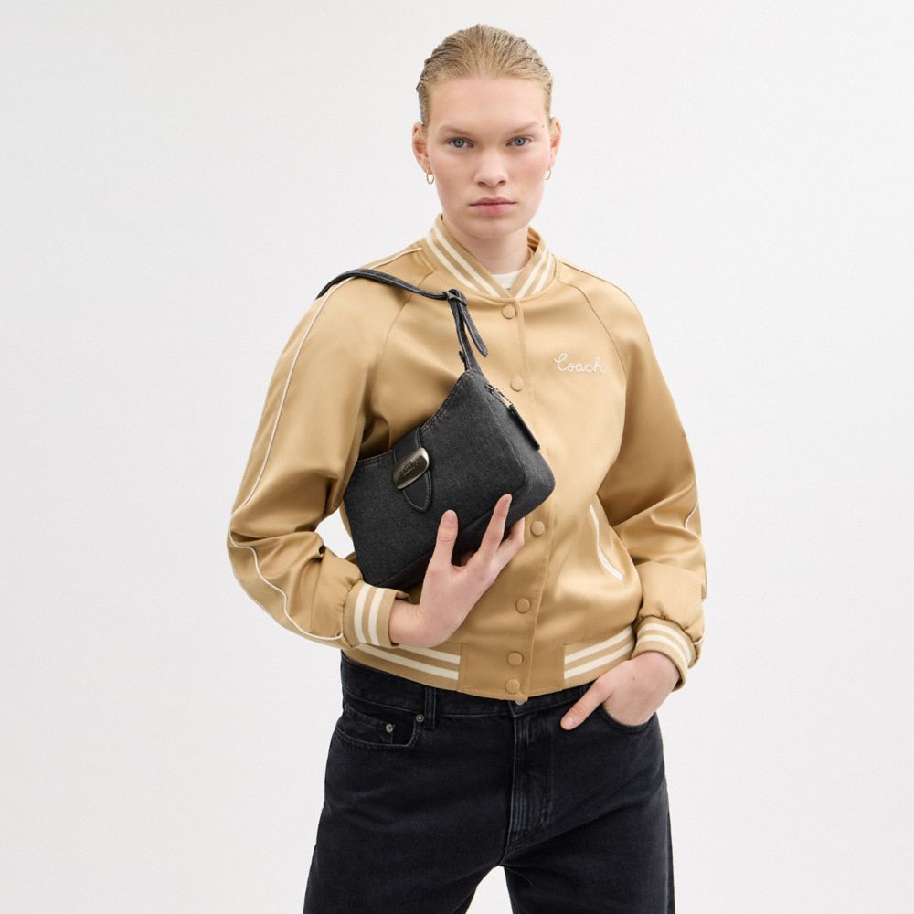 COACH®,Eliza Shoulder Bag In Signature Denim,Cotton,Shoulder Bag,Metal,Engraved Detail,Color Block,Logo,Casual,Black,Detail View