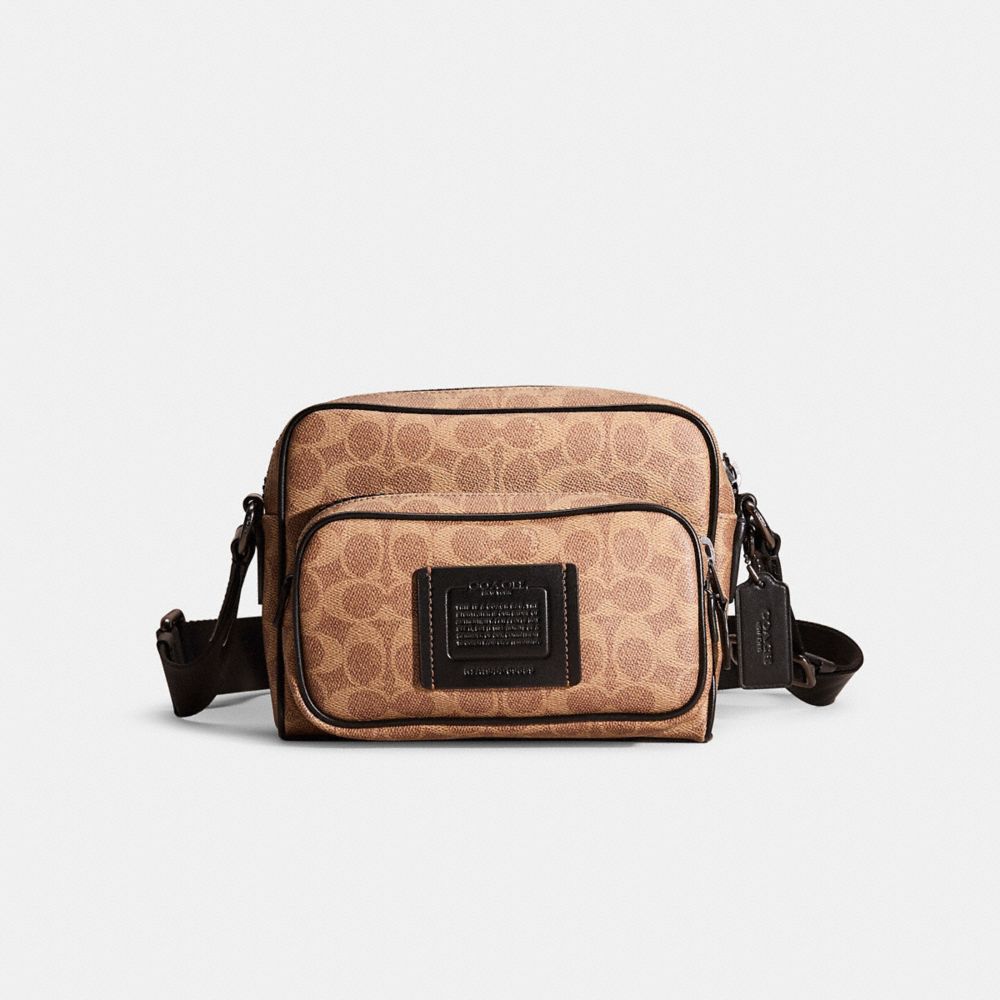 COACH®,Restored Academy Sport Crossbody In Signature Canvas,Brown,Front View