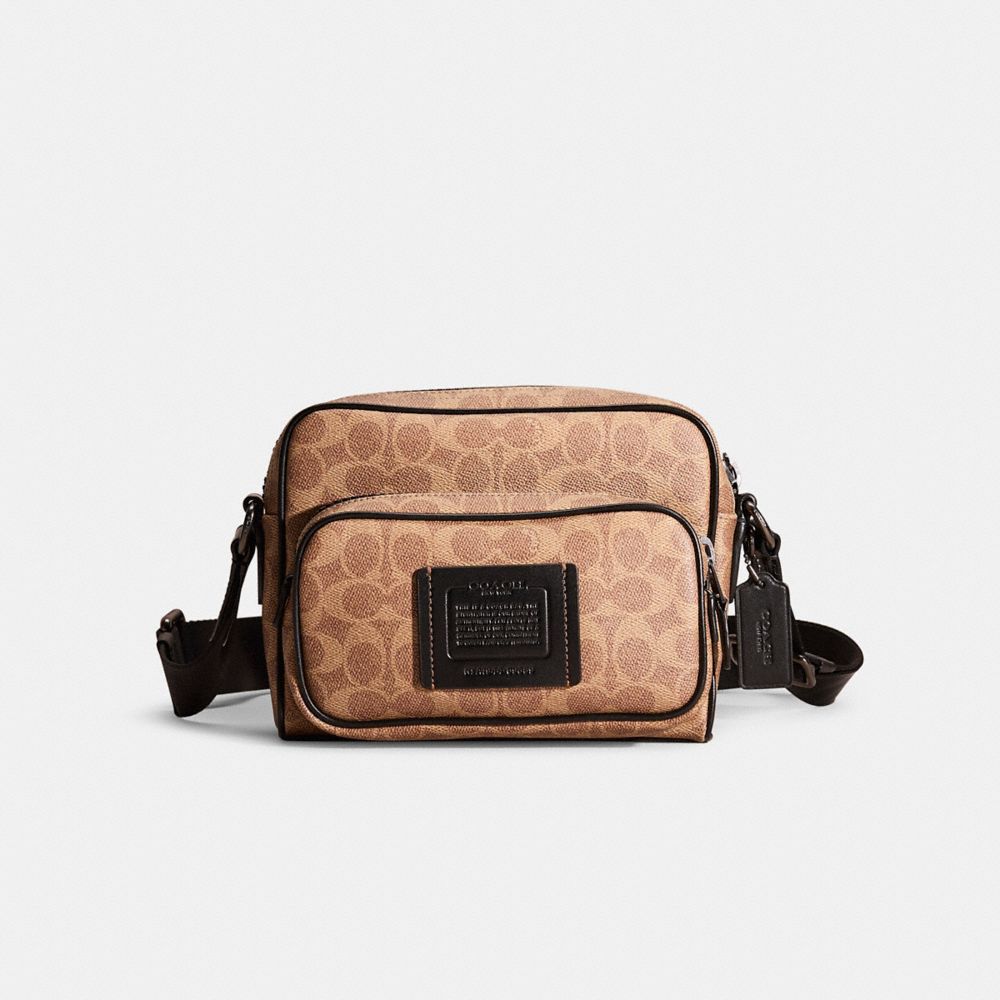 Coach Restored Academy Sport Crossbody In Signature Canvas In Black Copper/khaki