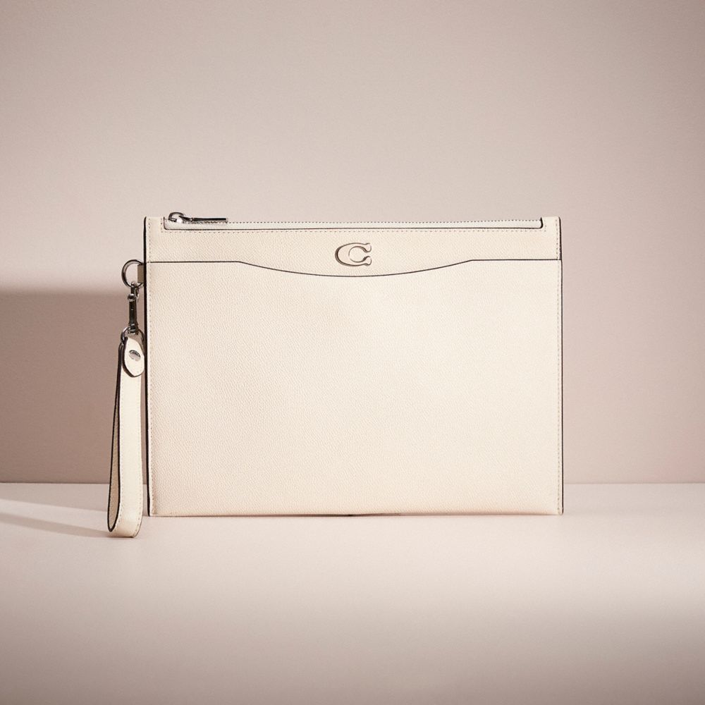 COACH®,Restored Pouch Wristlet In Crossgrain Leather With Signature Canvas Interior,Wristlet,Pouch,Metal,Logo,Casual,Cream,Front View