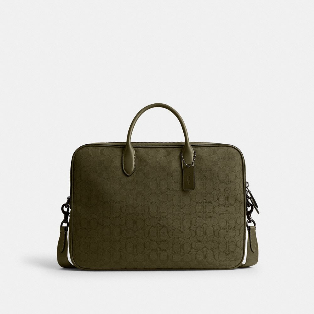 COACH®,Theo Work Bag In Signature Jacquard,Recycled Polyester,Briefcase,Sustainable,Work,Olive,Front View