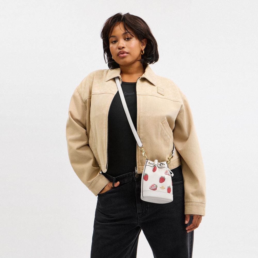 COACH®,Mini Bucket Bag With Strawberry Print,White