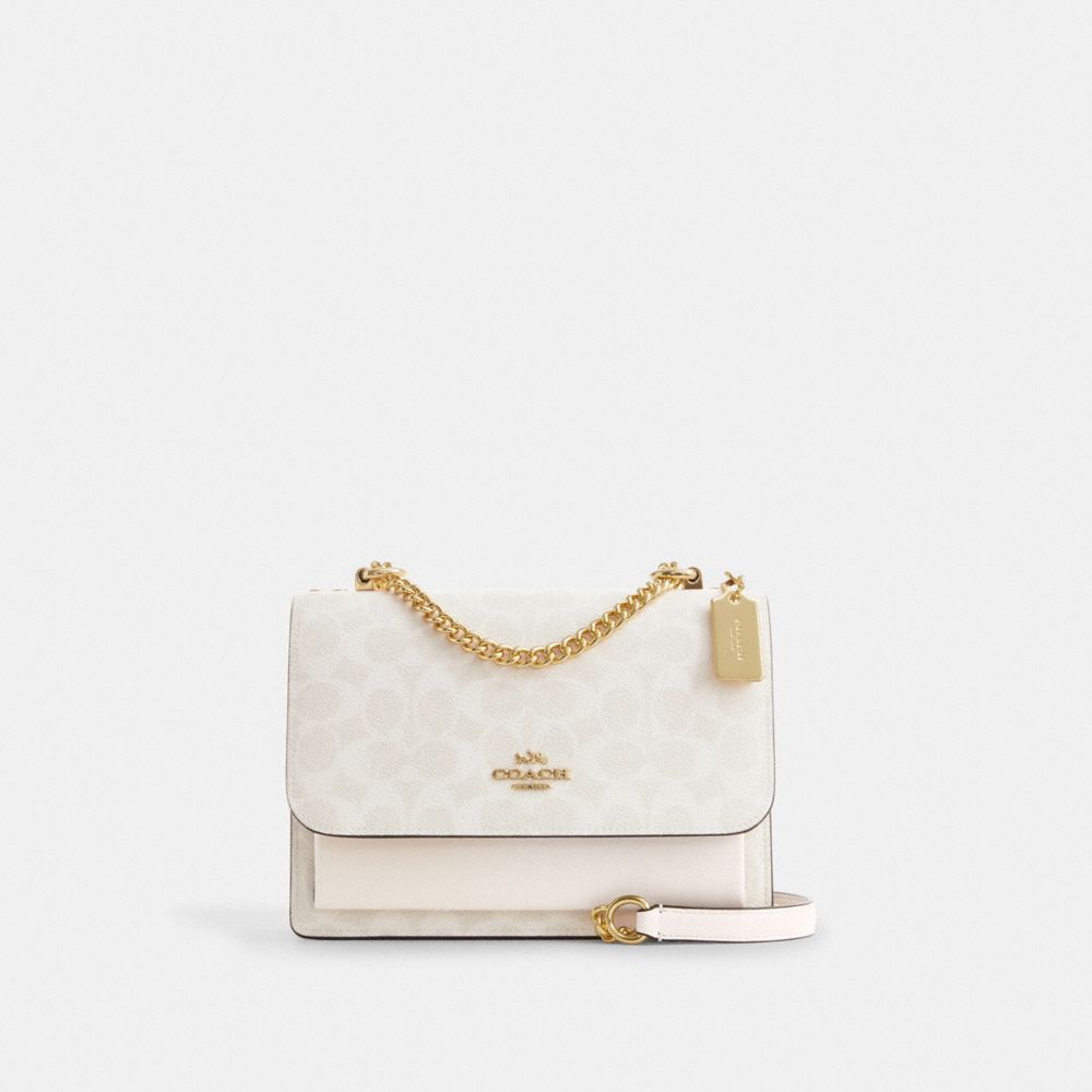 COACH®,Klare Crossbody Bag In Signature Canvas,Leather,Canvas,Crossbody,Metal,Adjustable,Day Party,White,Front View