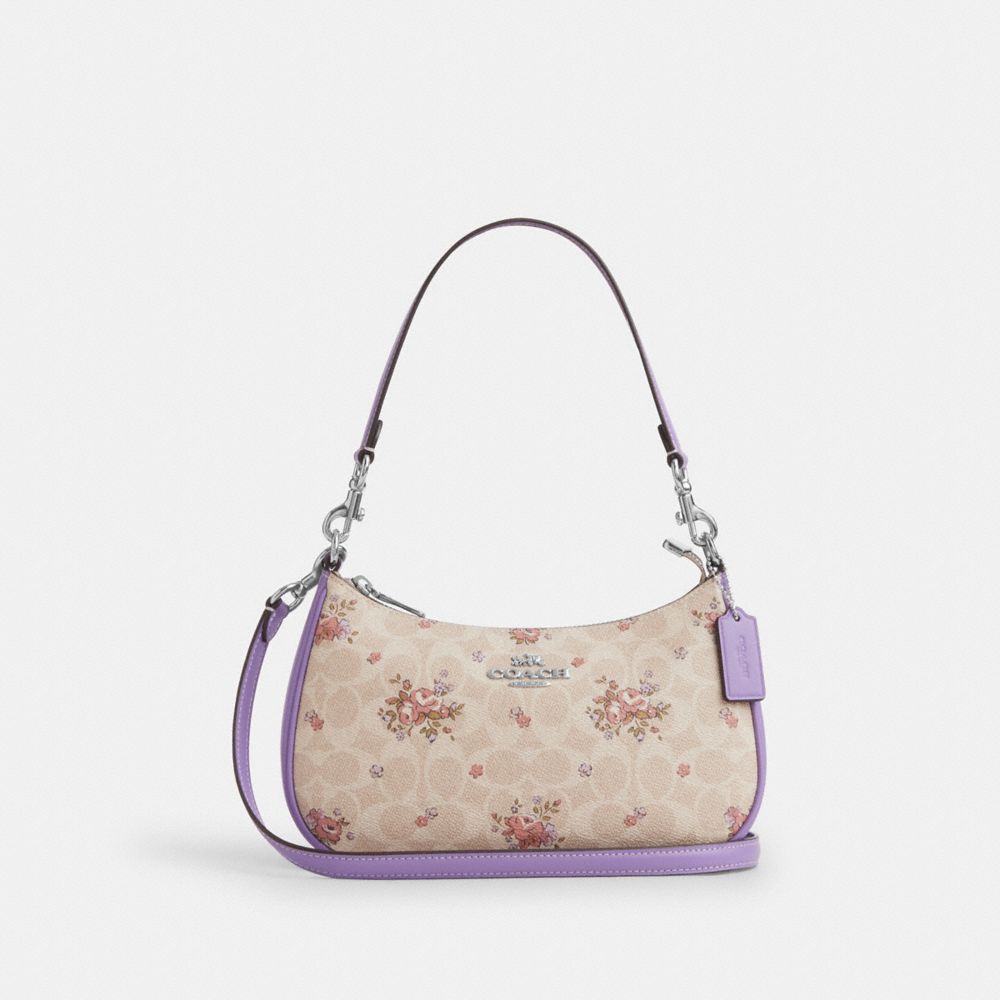 COACH®,SAC ÉPAULE TERI EN TOILE EXCLUSIVE AVEC MOTIF FLEURI,Argent/Sable multi,Front View
