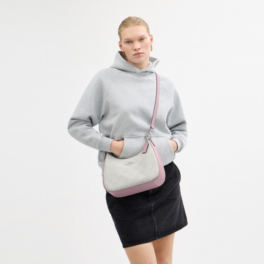 COACH®,Teri Hobo Bag In Signature Canvas,Shoulder Bag,Logo,Adjustable,Silver Metal,Casual,