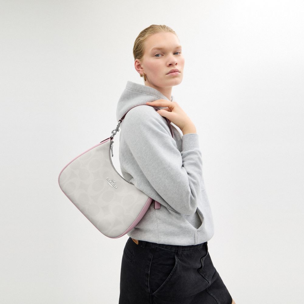 COACH®,Teri Hobo Bag In Signature Canvas,Shoulder Bag,Logo,Adjustable,Silver Metal,Casual,,Detail View