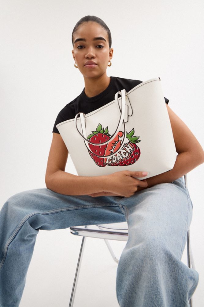 COACH®,City Tote Bag With Strawberry Graphic,Leather,Tote,Casual,Cream