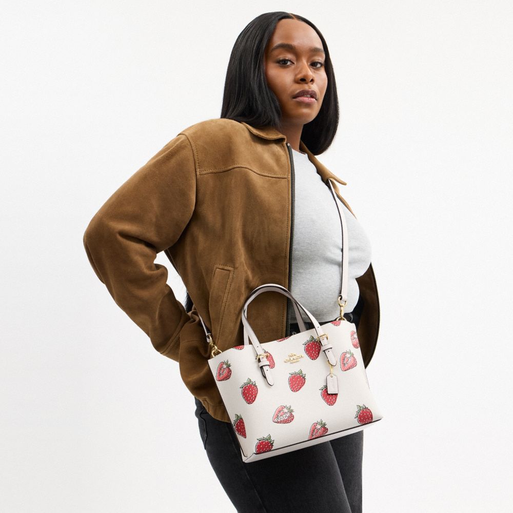 COACH®,Mollie Tote Bag 25 With Strawberry Print,Canvas,Tote,Metal,Logo,Gold Metal,Casual,White
