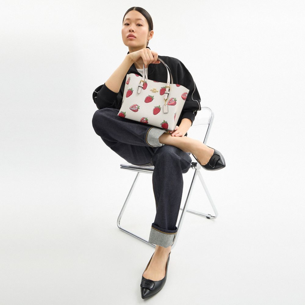 COACH®,Mollie Tote Bag 25 With Strawberry Print,Canvas,Tote,Metal,Logo,Gold Metal,Casual,White