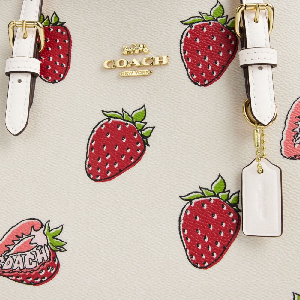 COACH®,Mollie Tote Bag 25 With Strawberry Print,Canvas,Tote,Metal,Logo,Gold Metal,Casual,White,Closer View