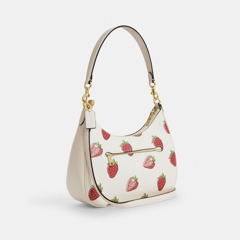 COACH®,Teri Hobo Bag With Strawberry Print,Shoulder Bag,Logo,Metal,Gold Metal,Casual,White,Angle View