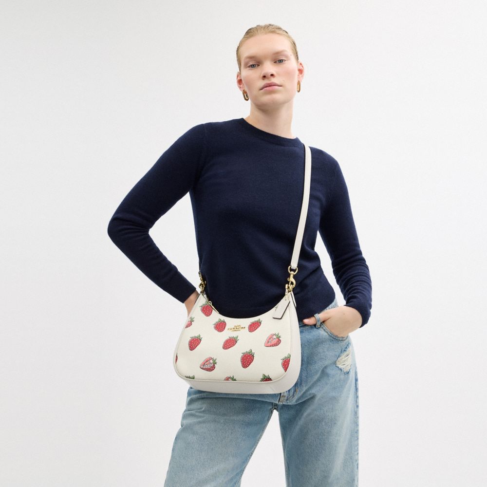 COACH®,Teri Hobo Bag With Strawberry Print,Shoulder Bag,Logo,Metal,Gold Metal,Casual,White