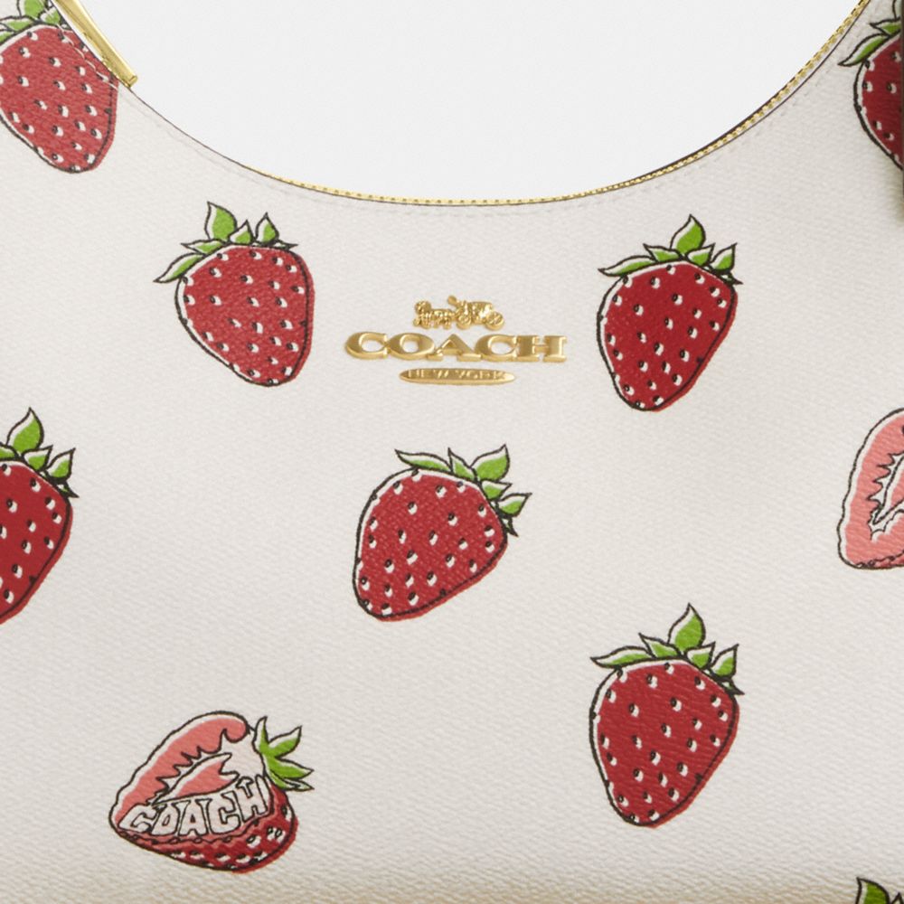 COACH®,Teri Hobo Bag With Strawberry Print,Shoulder Bag,Logo,Metal,Gold Metal,Casual,White,Closer View